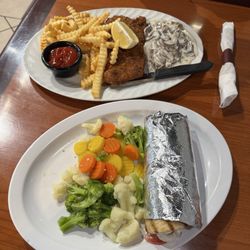 Euro Gourmet Foods - Pork Schnitzel with fries and mushroom gravy. And gyro with steamed veggies (substitution)