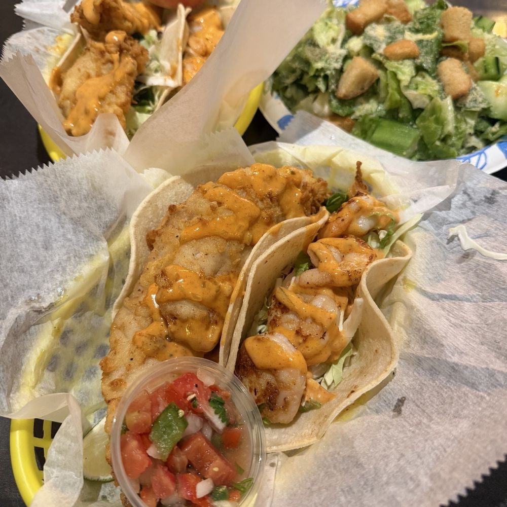 Tiki Grill - Fried fish taco and grilled shrimp taco plus Caesar salad - Comfort Food Near Me - Flagstaff, Arizona