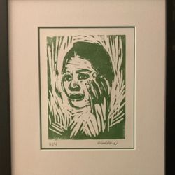 American Art Co - Linocut print 1/1 matted and framed with art glass.