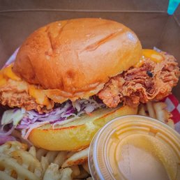a chicken sandwich and french fries