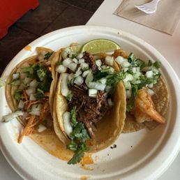 Street tacos (left to right) Tinga, Birria, and Shrimp