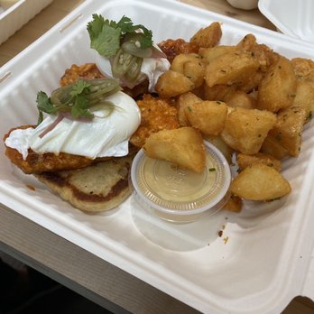 Morning Tide Eatery - Twice Cooked Crispy Pork Belly Benny ($16.75) - Breakfast & Brunch Near Me - Coquitlam, British Columbia