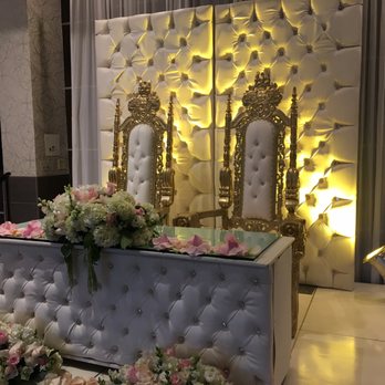 Gold Throne Set For Bride And Groom With White Tufted Head Table