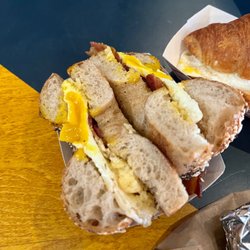 The Best Coffee At The Market - Everything bagel w/ bacon, egg, cheese