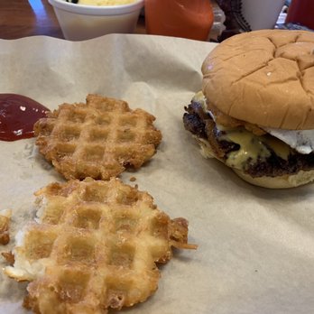 Groovy Beast - Burger with sunny side up egg and waffle Hashbrowns - American Near Me - Gastonia, North Carolina