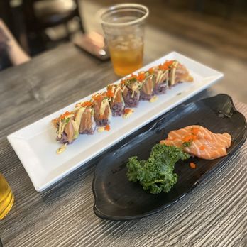 Crazy Brothers Sushi - two plates of sushi and a glass of beer - Sushi Bars Near Me - Norco, California