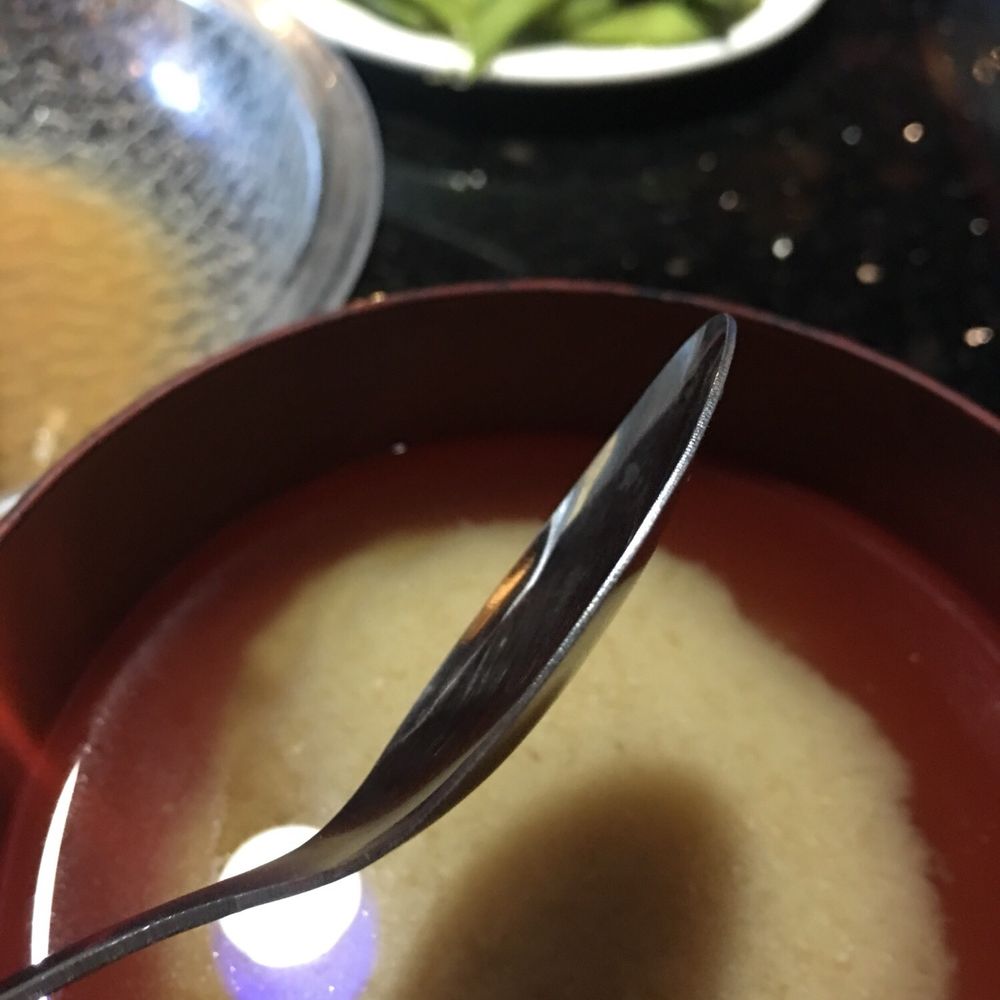 Ronnie Sushi - No spoon at first and when we finally procured a spoon, this was what we got. Good luck eating the soup using this flat spoon! - Sushi Bars Near Me - Anchorage, Alaska Ronnie Sushi - No spoon at first and when we finally procured a spoon, this was what we got. Good luck eating the soup using this flat spoon! - Sushi Bars Near Me - Anchorage, Alaska
