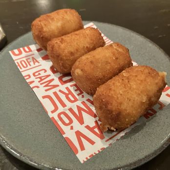 Jaleo - Chicken croquettes. Gooey chicken in cream sauce BARELY held together under a thin crispy breadcrumb shell. - Spanish Near Me - Las Vegas, Nevada Jaleo - Chicken croquettes. Gooey chicken in cream sauce BARELY held together under a thin crispy breadcrumb shell. - Spanish Near Me - Las Vegas, Nevada