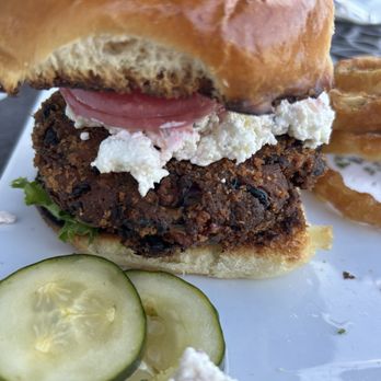The Sunken Well Tavern - Black Bean Burger w/ onion rings - New American Near Me - Fredericksburg, Virginia The Sunken Well Tavern - Black Bean Burger w/ onion rings - New American Near Me - Fredericksburg, Virginia