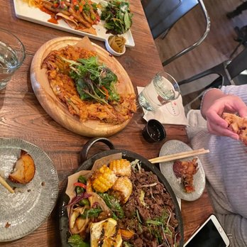 Barn Joo 35 - Left to right - pork belly, seafood pancake, bulgogi - Korean Near Me - New York, New York