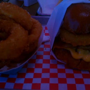 Corner Burger - 1/3 pound cowboy burger with onion rings on the side. Yummmmmmmm - Burgers Near Me - Lawndale, California