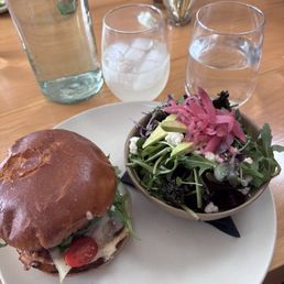 Chicken sandwich with a beet side salad and amazing ginger lemonade