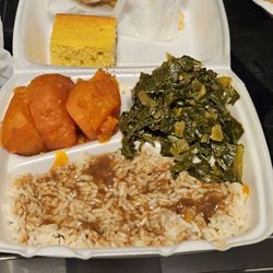 Mama's Soul Food Restaurant - Candied yams, collard greens, rice with gravy and cornbread
