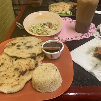 Reinas De Las Pupusas Restaurant - 2 carne papusas and one bean papusa with rice and beans on the side - Salvadoran Near Me - Phoenix, Arizona