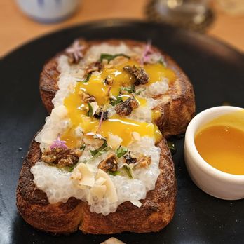 Nami Kaze - Custard French Toast with Mango Coulis.  So unique and fluffy.  Not heavy at all. - Japanese Near Me - Honolulu, Hawaii