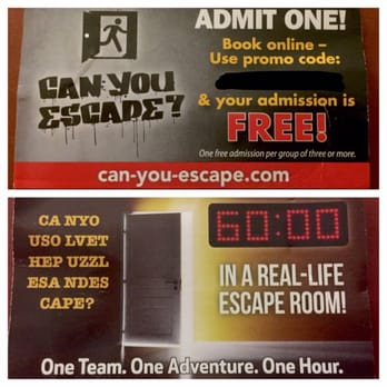 City Escape Adventures - Picture of the "Complimentary Admission Card" with promo code blacked out. Image of Front & Back. - Escape Games Near Me - Tampa, Florida