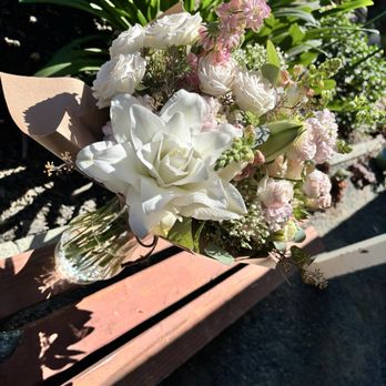 Fresh Ideas Flower Company - White lilies, spray roses, larkspur bouquet - Florists Near Me - Modesto, California