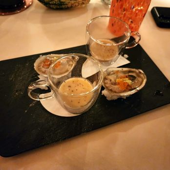Vetri Cucina - Pre-dinner bites: raw oysters with salmon roe + celery root soup. - Italian Near Me - Philadelphia, Pennsylvania