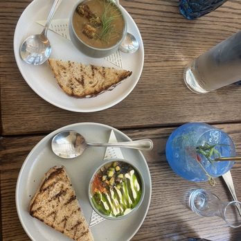 Blossom and Root Kitchen - Mushroom Chowder (left), Potato Leek soup (right) - Vegan Near Me - Danville, California