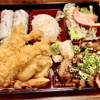 Kansai - Bento Box... Mixed Tempura, Teriyaki Chicken and California Roll. It comes with rice, salad, and Miso soup. - Sushi Bars Near Me - Concord, California