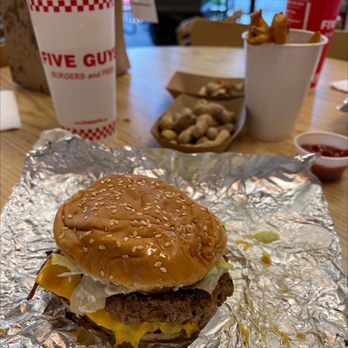 Five Guys - Bacon cheeseburger, fries, peanuts and drink. - Burgers Near Me - Sioux Falls, South Dakota