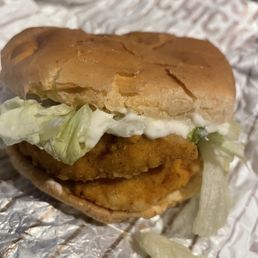 Now this was supposed a chicken sandwich it's a really just 2 chicken strips on a bun Now this was supposed a chicken sandwich it's a really just 2 chicken strips on a bun