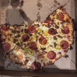 J-Cups Pizza - Large thin crust with pepperoni sausage bacon and banana peppers