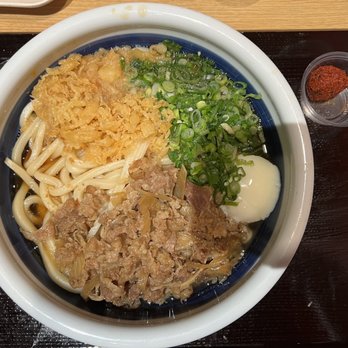 Marugame Udon - Nikutama Udon with Sweet Beef, Soft Boiled Egg and side of Gekikara Fireball - Japanese Near Me - Arcadia, California