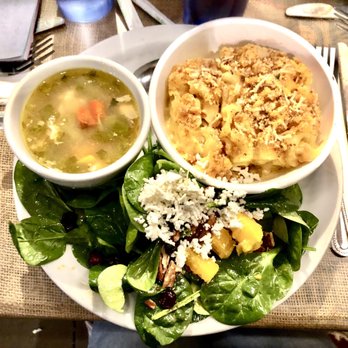 Crossroads Cafe - Roadside splatter-chicken cilantro soup, Mac n cheese and spinach salad. - Cafes Near Me - Joshua Tree, California
