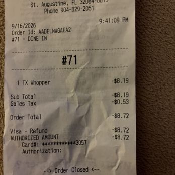 Burger King - Very disappointed. The Mgr seemed more concerned with closing than serving customers - Burgers Near Me - Saint Augustine, Florida