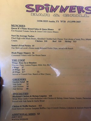 Menu photo 6 Spinners Austin, TX