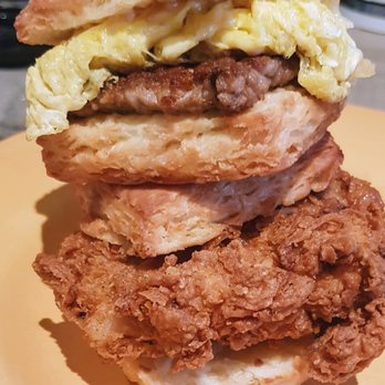 Olamaie - Bacon, egg and cheese atop a fried chicken biscuit. - Southern Near Me - Austin, Texas Olamaie - Bacon, egg and cheese atop a fried chicken biscuit. - Southern Near Me - Austin, Texas