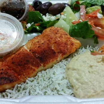 Mediterranean Cafe - Take-out of Salmon and hummus plate - Greek Near Me - San Diego, California Mediterranean Cafe - Take-out of Salmon and hummus plate - Greek Near Me - San Diego, California