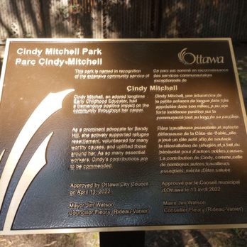 Cindy Mitchell Park - Plaque. This park used to be called "Sir Wilfred Laurier Park" but was renamed in April 2022 to "Cindy Mitchell Park." - Parks Near Me - Ottawa, Ontario