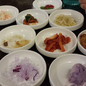 Soy Tofu - Never ending banchan.  So good.  The clear purple one is made of aloe.  My favorite - Korean Near Me - La Palma, California