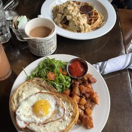 Croque madame and chicken and waffles