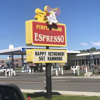 Purple Moose Espresso - a happy retirement sign - Coffee & Tea Near Me - Palmer, Alaska