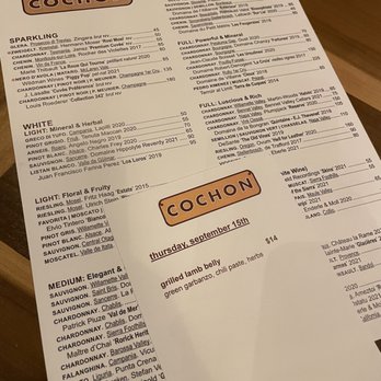 Cochon RESTAURANT - Wine list and special of the day - unfortunately lamb was no longer available & will return to partake. - Cajun/Creole Near Me - New Orleans, Louisiana Cochon RESTAURANT - Wine list and special of the day - unfortunately lamb was no longer available & will return to partake. - Cajun/Creole Near Me - New Orleans, Louisiana