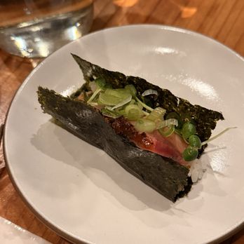 Oken - HAMACHI HAND ROLL SET - torched hamachi sashimi, scallion miso, ponzu, nori $26 - Japanese Near Me - Oakland, California