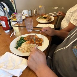 Chicken Piccata - sautéed chicken breast, butter, lemon, capers, shallots, rice pilaf and spinach