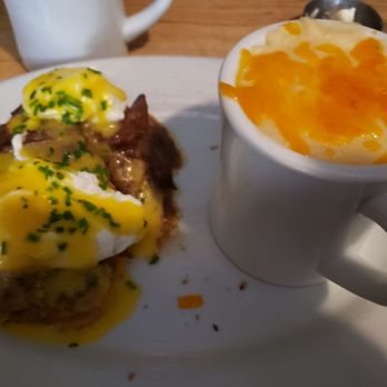 Green Eggs Cafe - Short rib Benedict with cheesy grits. So filling that I couldn't finish the grits. So good! - Breakfast & Brunch Near Me - Philadelphia, Pennsylvania