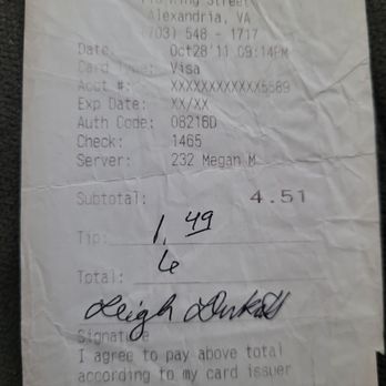 Murphy's Grand Irish Pub - From my Scrapbook, the original October 2011 receipt showing $4.51 price of beer at Murphy's - Pubs Near Me - Alexandria, Virginia Murphy's Grand Irish Pub - From my Scrapbook, the original October 2011 receipt showing $4.51 price of beer at Murphy's - Pubs Near Me - Alexandria, Virginia