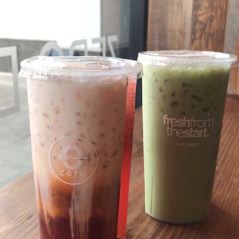 Zero Degrees - Thai Milk Tea + Lychee Crush (left) and Matcha Milk Tea (right) - Coffee & Tea Near Me - Houston, Texas Zero Degrees - Thai Milk Tea + Lychee Crush (left) and Matcha Milk Tea (right) - Coffee & Tea Near Me - Houston, Texas