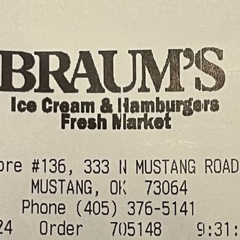 Braum's Ice Cream & Dairy Stores - Receipt - Ice Cream & Frozen Yogurt Near Me - Mustang, Oklahoma