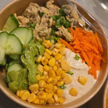 Hummus Express - BYOB with chicken, rice at base, veggies, and hummus. Dressings were on the side. - Mediterranean Near Me - Ann Arbor, Michigan Hummus Express - BYOB with chicken, rice at base, veggies, and hummus. Dressings were on the side. - Mediterranean Near Me - Ann Arbor, Michigan