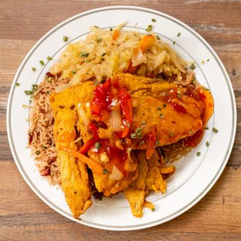 Rasta Kitchen - Vegan fried fish - rice and peas w/ cabbage - Caribbean Near Me - Merchantville, New Jersey Rasta Kitchen - Vegan fried fish - rice and peas w/ cabbage - Caribbean Near Me - Merchantville, New Jersey