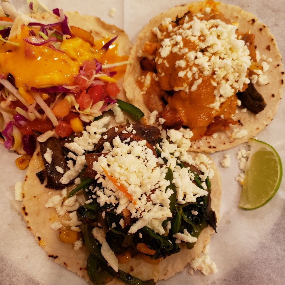 Lalo - Tacos... coconut shrimp (Top L), curry chicken (Top R) and mushroom. - Latin American Near Me - Cincinnati, Ohio