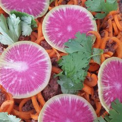 5 spice grass-fed beef, carrot noodles and waternelon radish