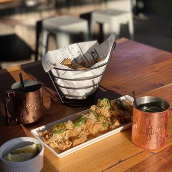 Green Barn Whiskey Kitchen - Fried pickles with calamari and Moscow Mule's - Steakhouses Near Me - Red Bluff, California Green Barn Whiskey Kitchen - Fried pickles with calamari and Moscow Mule's - Steakhouses Near Me - Red Bluff, California