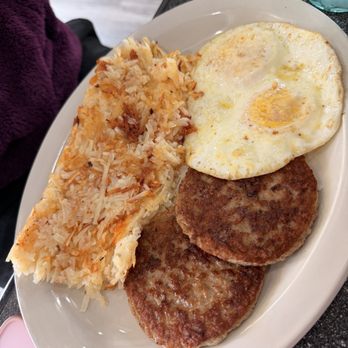 Santa Ynez Valley Breakfast - Sausage, over-medium eggs and hash browns. - Waffles Near Me - Buellton, California Santa Ynez Valley Breakfast - Sausage, over-medium eggs and hash browns. - Waffles Near Me - Buellton, California